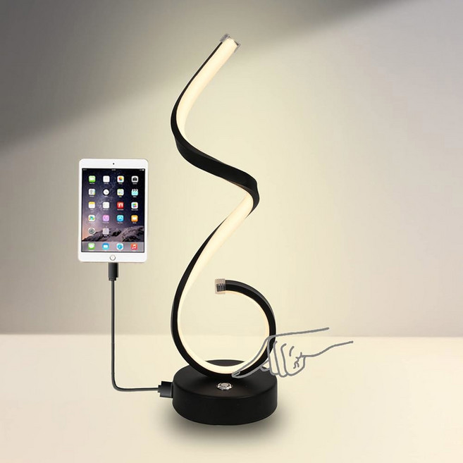 EIDEARAY 모던 스파이럴 LED 테이블 램프 22W 디밍 가능 터치 컨트롤 데스크 1개의 USB 충전 포트 침실 거실 사무실을 위한 3가지 색상의 침대 옆 스탠드 램프, Black