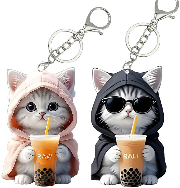 심쿵 귀여움 가득 고양이와 비숑 강아지 키링 1+1, 1개, 버블티와 레옹냥이