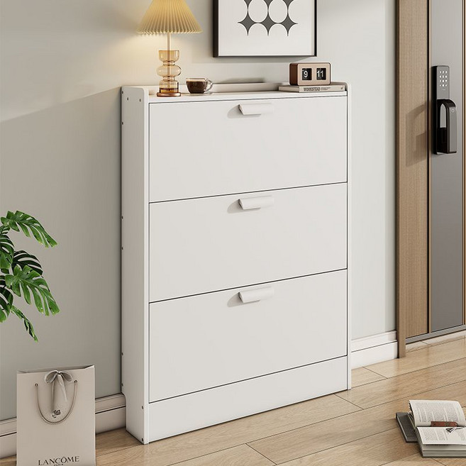 초슬림 17cm 좁은 현관 폴딩 신발장 공간 절약형 현관 수납장, 3단, 화이트 80*17*108