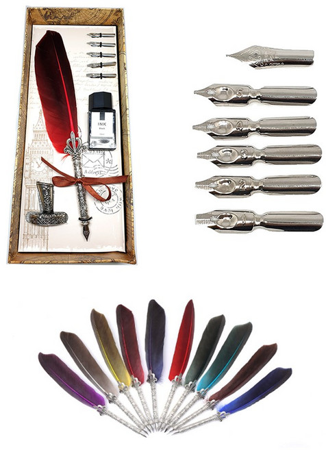 캘리그라피 입문 독학 깃털펜 세트 딥펜 깃털 만년필 루아 퀼 구스펜 깃펜, 골드, 그레이 브라운