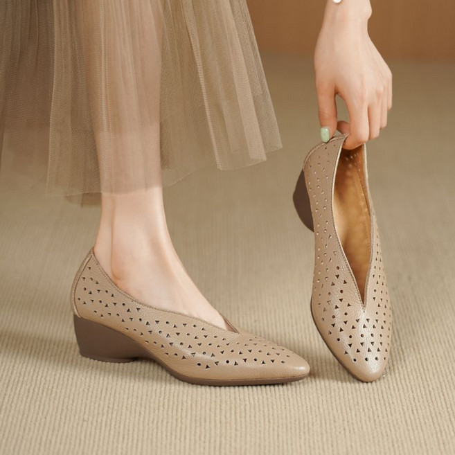 UNIQUEZON 중년여성 샌들 가죽 메쉬 통굽 로퍼 키높이 슬립온 구두