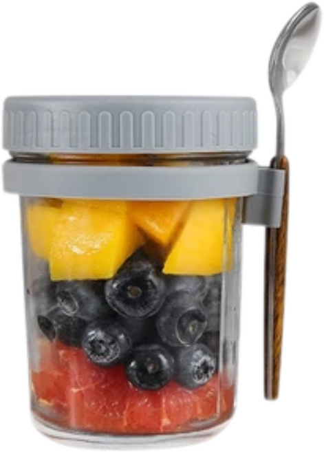 早餐杯 密封罐 密封杯 梅森杯 代餐杯 優格杯 麥片杯, 玻璃燕麥杯 送湯匙 350ML-低調灰, 1個