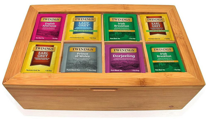 트와이닝 Twinings 대나무 정리함이 있는 티백 샘플러 버라이어티 60개 40가지 맛 차 애호가를 위한 선물: 여성 남성 엄마 아빠 가족 친구 커플