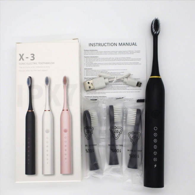 DFMEI 6檔電動牙刷 成人家用USB充電聲波牙刷衝牙器禮品, 1個, 1個裝, 曜石黑:如圖