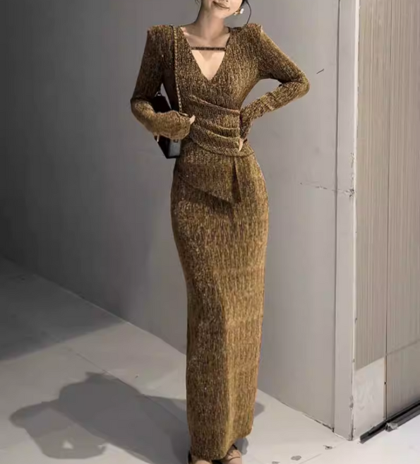 쌍천 여성 브이넥 긴팔 롱 원피스 가을 겨울 파티룩 슬림핏 원피스 A26011819