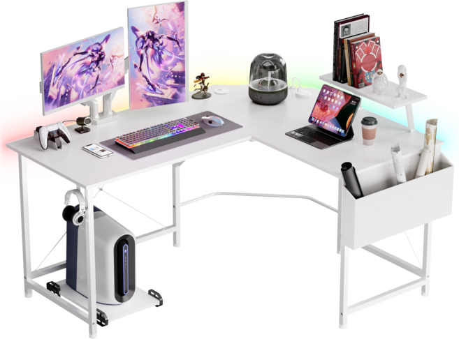 월로덴 L형 컴퓨터 책상 게이밍 책상 코너형 책상, 탄소섬유화이트 PRO