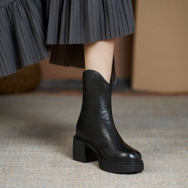 해피유통 여성 가죽 힐 워커 가죽 부츠 통굽 미들부츠 jhXG03