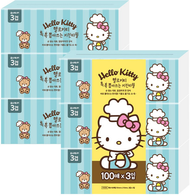 헬로키티 뽑아쓰는 천연펄프 키친타올 톡톡 100매, 100개입, 6개