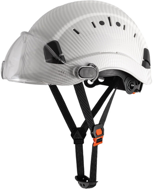 LOEBUCK 카본파이버 미국식 작업용 안전모 보호고글 일체형, 1개, 카본파이버 광택 화이트 + 투명 보호고글