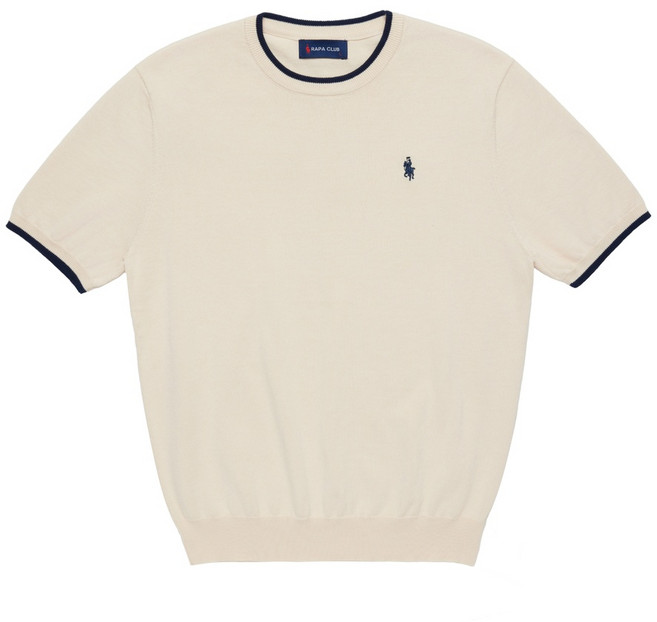 라파클럽 남성 배색 라운드넥 반팔 니트 스웨터 면 100% 여름 자수 로고