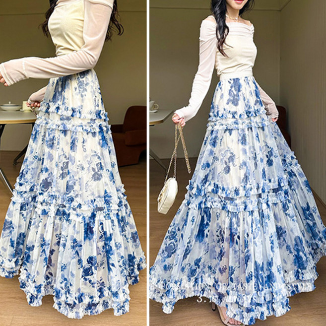 리틀깽스 풍성한 빅사이즈 셀프웨딩 a라인 플레어 프릴 플라워 망사 레이스 롱스커트