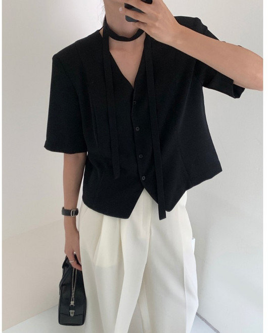 체인지쉬(change she)여성 브이넥 벨티드 정장핏 반팔 자켓 심플 블라우스