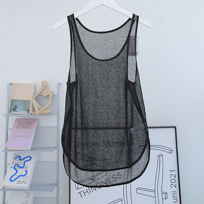 ROYALBELLE 여성 얇은 시스루 라운드넥 트임 레이어드 민소매 루즈핏 통기 요가 스포츠 나시 K041715