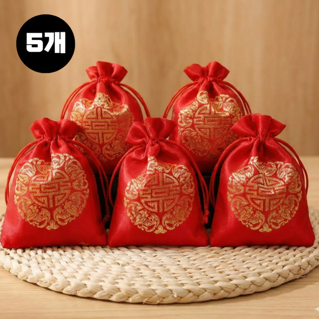 보리도리 돈들어오는 전통문양 복주머니, 5개, 붉은색
