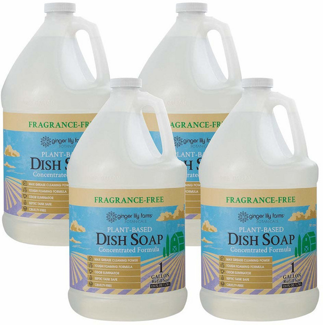 진저 릴리 팜스 식물성 액체 주방 세제 최대 기름기 세정력을 지닌 농축 포뮬러 동물성 무향 1갤런 리필 128온스 투명, 128 Fl Oz (Pack of 4), 1개