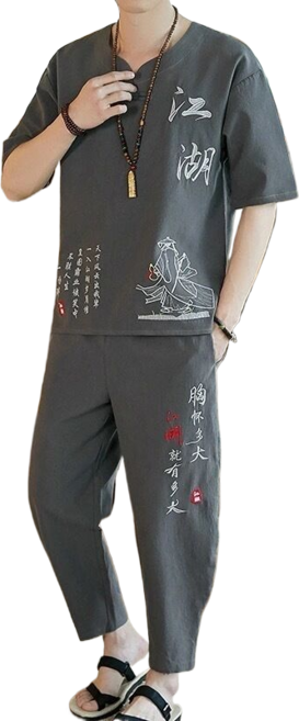 남자 린넨 바지 상하의세트 면 마 생활 소재 삼베 퓨전 여름 강호 자수 YD 뉴타임즈 H682Y452, XXL, 짙은 그레이, 1개