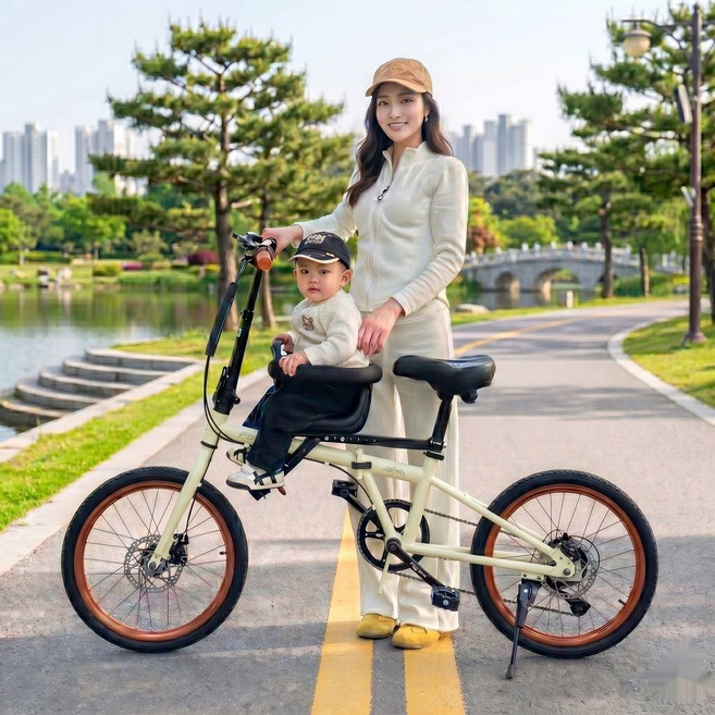 가족 접이식 유아동승 자전거 아기랑 같이타는 미니벨로 아이동승 어린이안전시트 공원 한강 여성용 출퇴근, 22인치, 말차 그린 단일변속