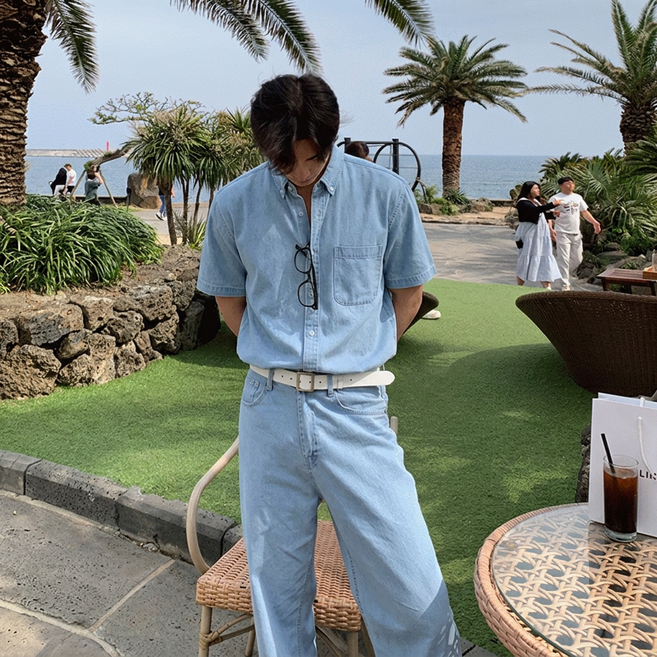 ANYOU 남성 여름 데님 반팔 셔츠 연청 오버핏 워싱 데일리룩