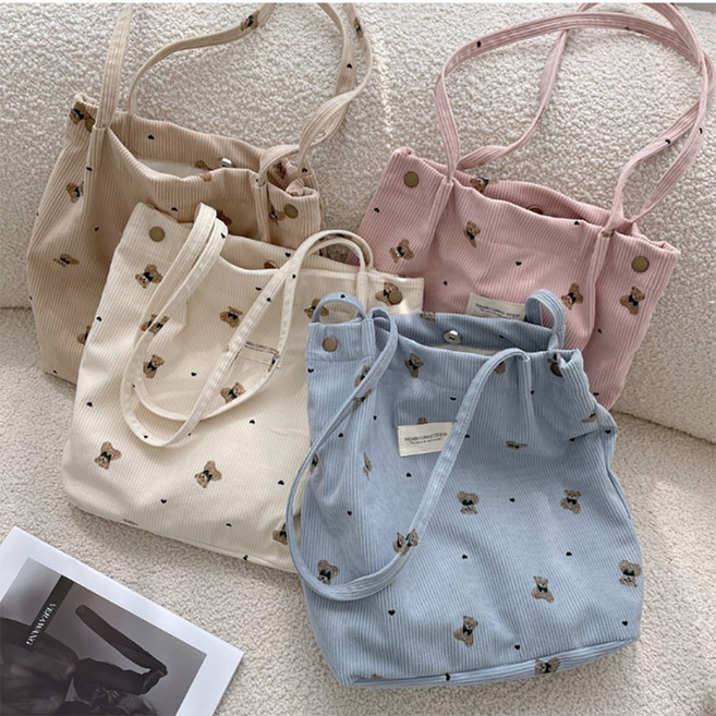 후암마켓 곰돌이 골지 코듀로이 숄더백 데일리 에코백 가방