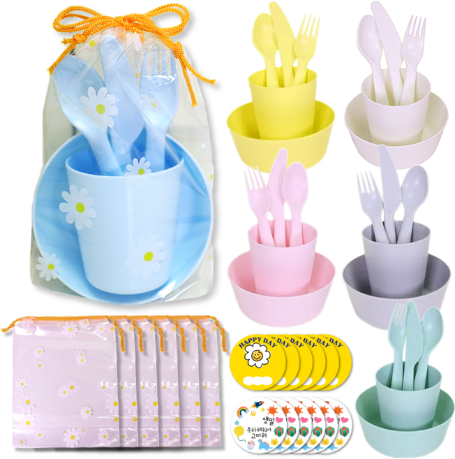 옐로바스켓 이케아 유아 식기 구디백 어린이집 생일답례품 유치원 단체선물 세트, 6세트, 혼합색상