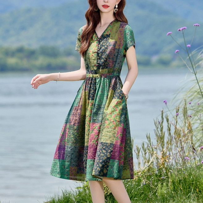 COSYEVNO 면마 반팔 원피스 배색 플라워 루즈핏 브이넥 미디스커트