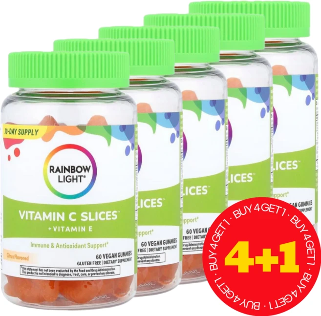 [4+1] 레인보우 라이트 구미 비타민C 슬라이스 플러스 비타민E 감귤맛 구매젤리 60개 / 해외직구 미국정품, 5개, 60회분 - 쿠팡