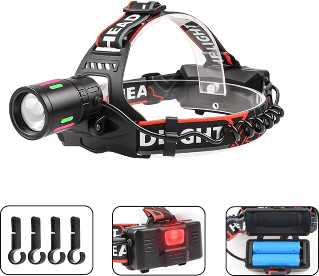 Skapendy 충전식 LED 헤드랜턴 신축식 헤드라이트 KC인정 18650배터리+ C타입 USB 케이블+고정클립, 1개, 블랙