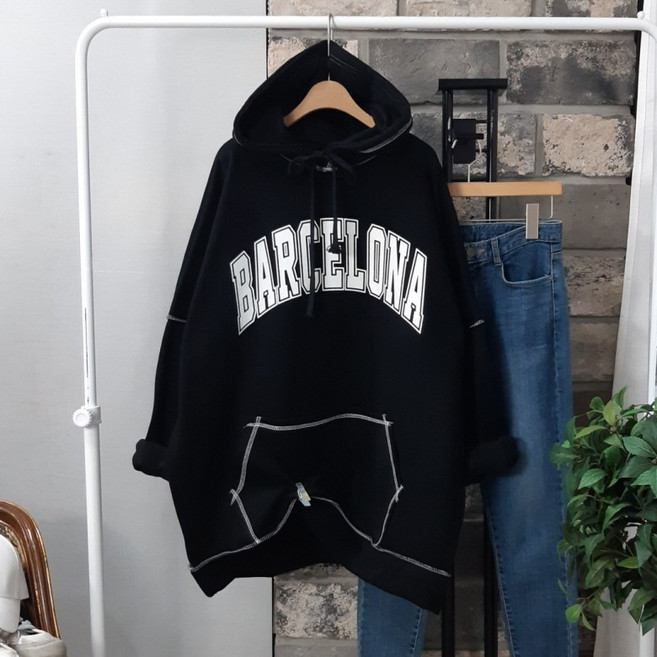 상상그이상 여성용 국내제작 바르셀로나 후드 기모안감 컬러 스티치 포인트 빅사이즈 남녀공용 커플 후드티 부드러운 특양면소재 가성비좋은 데일리 후드맨투맨