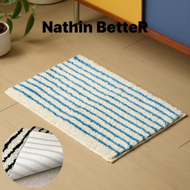 나띵베럴 미끄럼방지 부드러운 스트라이프 욕실 화장실 현관 발매트, 1개, 블루앤화이트