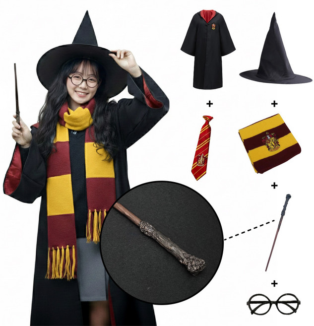 [청춘교복] 고급형 해리포터 지팡이 6종세트 로브+머플러+자동로고타이+안경+지팡이+모자 코스프레 할로윈 마법사 졸사 졸업사진