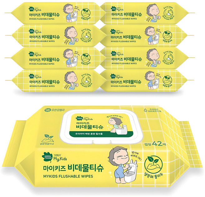 그린핑거 마이키즈 비데물티슈 캡형, 55g, 42매, 9개