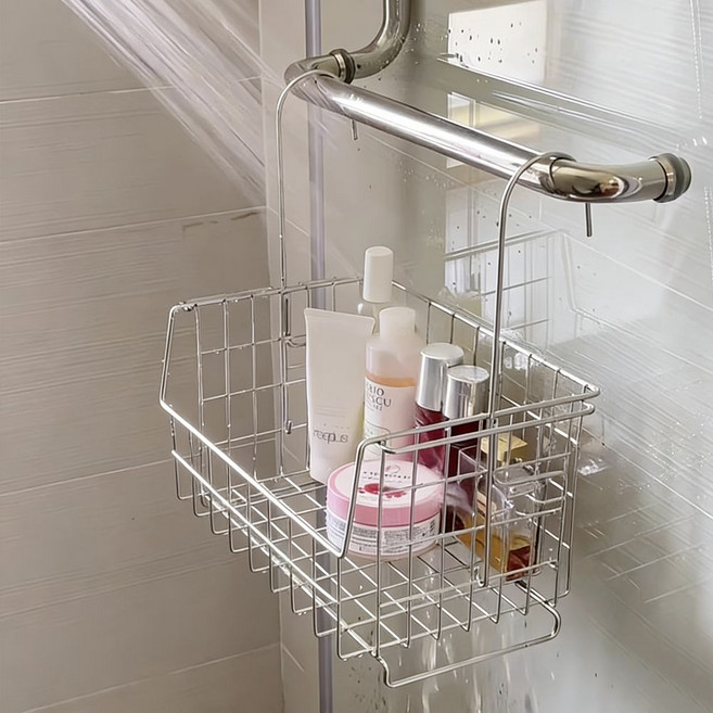 무타공 욕실선반 스테인리스 바스켓 벽걸이 대용량 수납 정리대, 1개, 실버