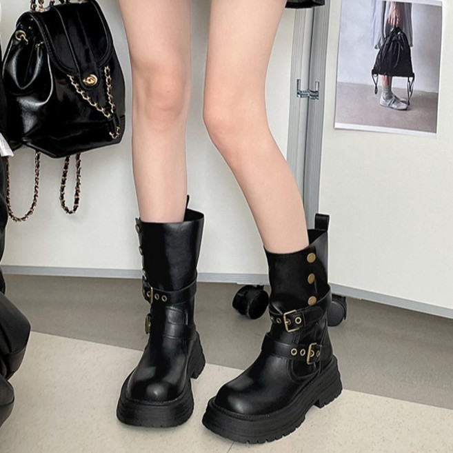 프리미엄 더블버클 미들 엔지니어 부츠