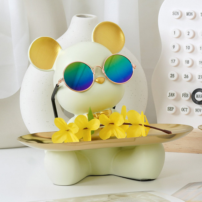 인테리어 소품 앉은 곰돌이 차키 소품 오브제 트레이+미니선글라스 6, 그린골드