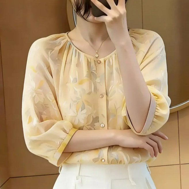 빌리즈빈 여성 데일리 쉬폰 라운드넥 블라우스 JC11