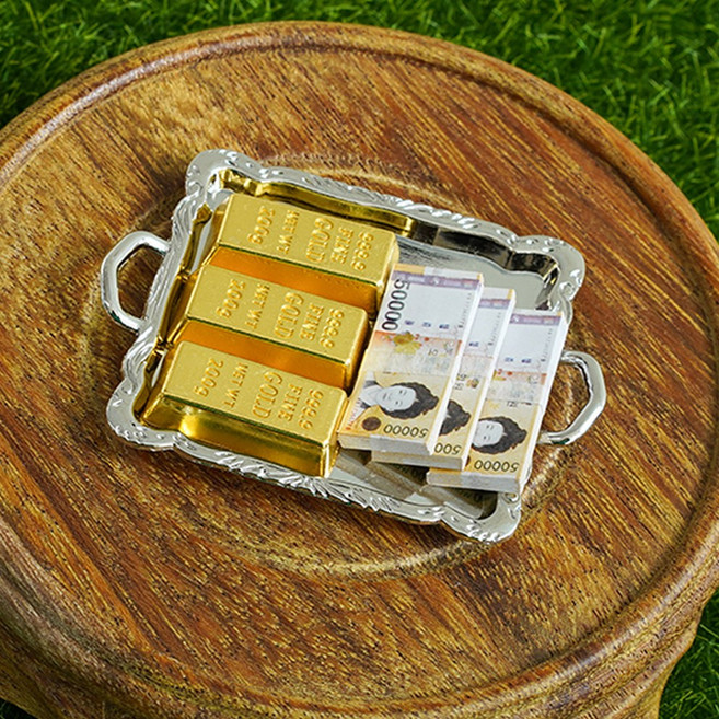 골드바 돈다발 쟁반 모형 미니어쳐 세트 납골당 봉안당 꾸미기, 골드바 3개+ 돈다발 3개+ 은색쟁반