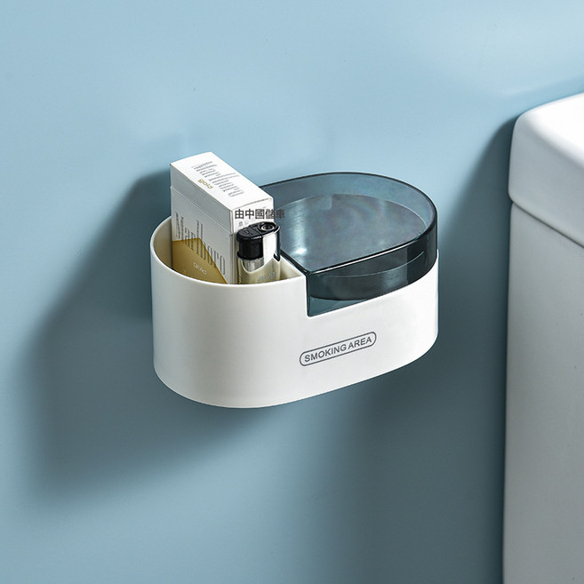壁掛菸灰缸 創意收納盒 免打孔設計, 1個, 白加透明藍:一個