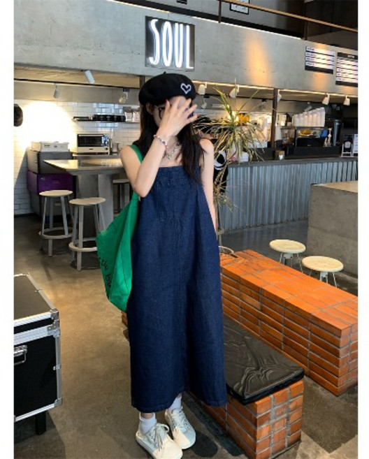 Tamina 멜빵 데님 스커트 소금은 달콤한 고등급 느낌으로 루즈한 빈티지 블루 멜빵 롱스커트 여성 여름 기질 나이를 줄이는 데님 스커트