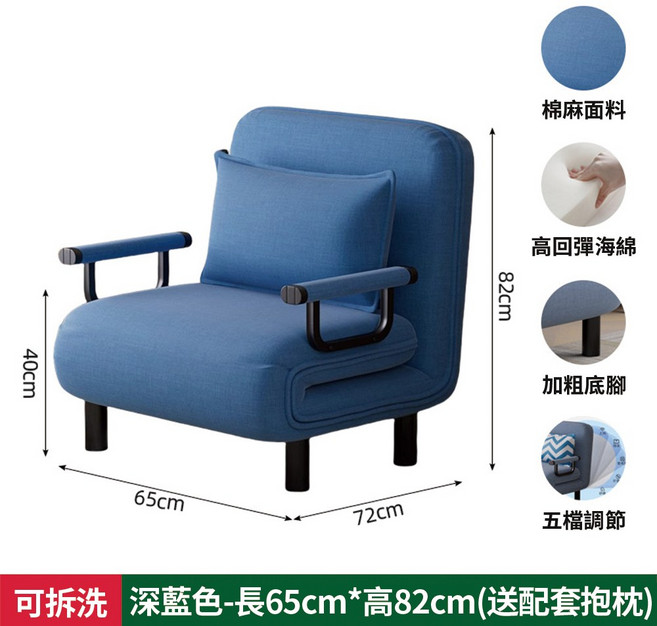 折疊沙發床椅，展開190cm，親膚棉麻面料, 深藍色