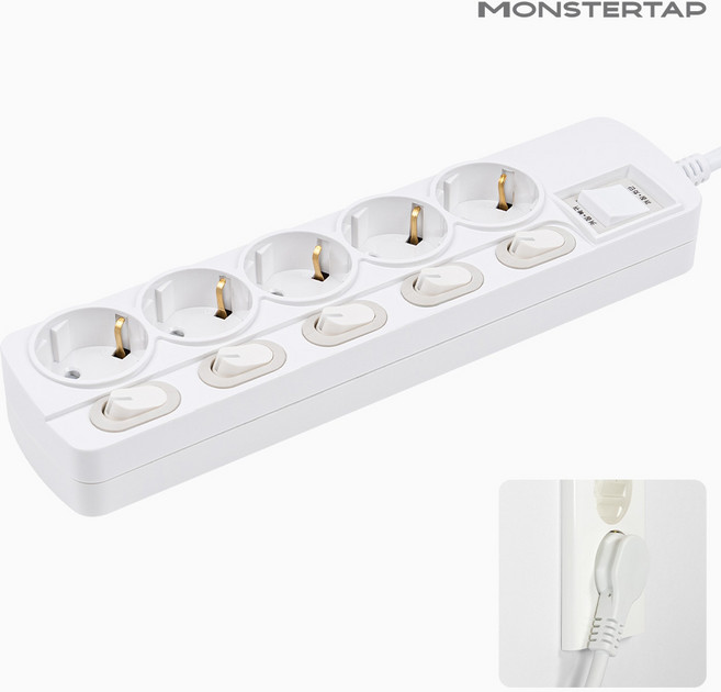 몬스터탭 국산 개별 절전 과부하차단 스위치 멀티탭 슬림 플러그, 개별 5구 화이트, 1개, 1.5m