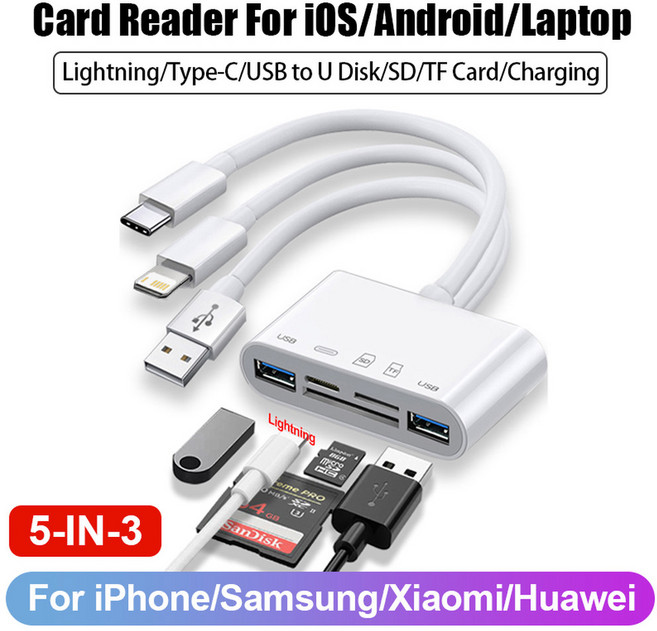 in SD 카드 리더 USB 허브 for 아이폰 호환 아이패드 맥북제품 라이트닝 C타입 to TF 메모리 플래시 드라이브 OTG 어댑터, 5 IN 3 Adapter, 1개