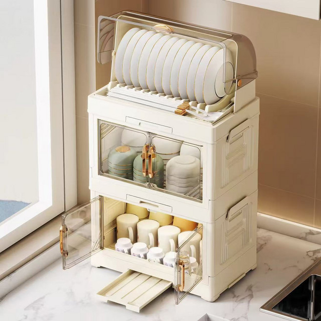 주방 카운터 정리대 뚜껑형 식기 수납 정리함, 1개, WHITE