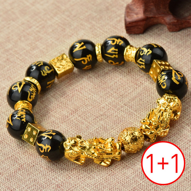 1+1 비휴 액막이 팔찌 육자진언 금전운 사업운 옴마니반메훔 / 흑요석 원석 / 소원성취 재물팔찌