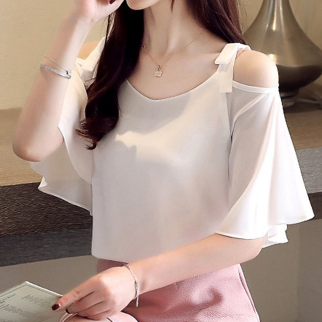 스타일아유 여름 여성 오프숄더 어깨트임 프릴 끈 반팔 블라우스