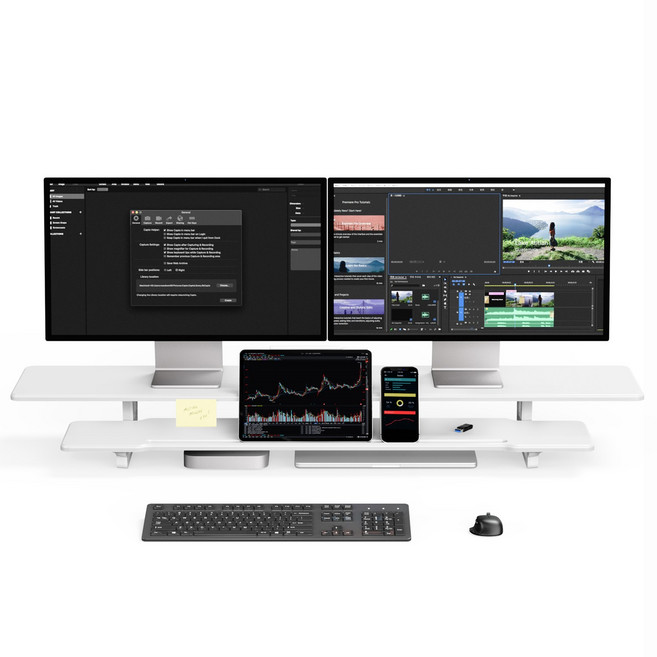 몽상컴퍼니 DM-118 더 넓어진 2단 와이드 모니터 받침대 사무실 서재 데스크테리어 13cm 32인치 높은 듀얼 받침 오픈형 아랫 선반 가로길이 1180mm, 화이트