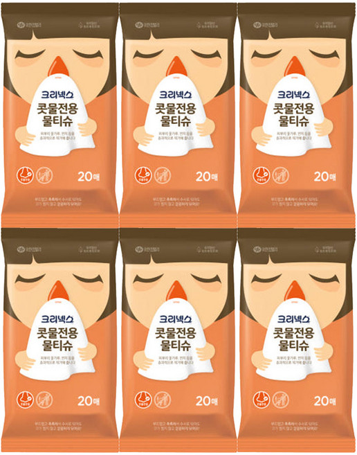 크리넥스 콧물전용 물티슈 휴대형, 60g, 20매, 6개