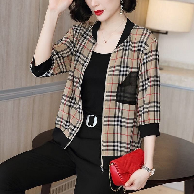 중년여성 쉬폰 칠부 경량자켓 빅사이즈 체크 통기성 아우터 엄마옷 쇼트 카디건