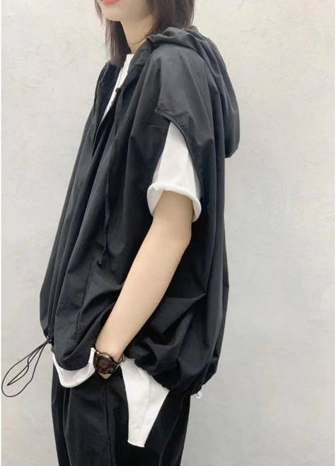 빅사이즈 여성 여름 얇은 스트링 캐주얼 면 마 무지 후드 집업 베이직 바람막이 조끼 베스트 민소매 자켓 아우터 패션 코디