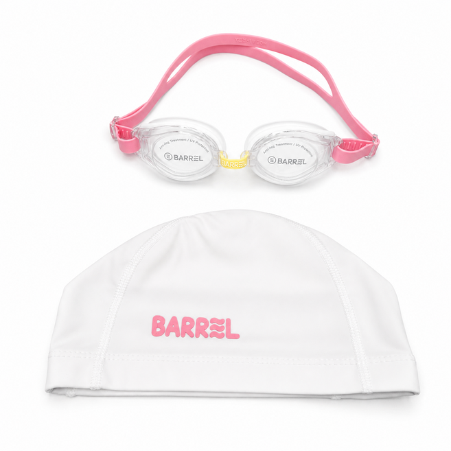2위 - 배럴 BARREL 키즈 스윔 팩 어린이 초등 물안경 수영모자, 1세트, 핑크