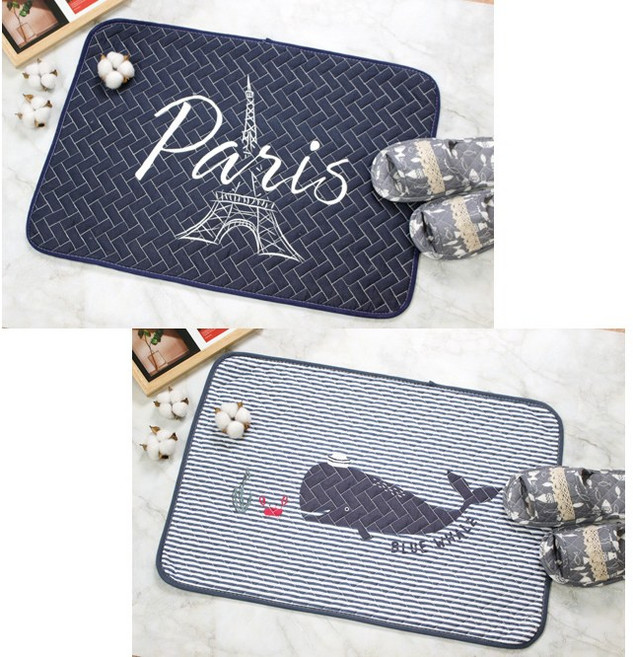 2종세트 주방발매트 욕실 현관 퀼트 발 면 매트 사무실 화장실 미끄럼방지 순면 워셔블매트, 03파리+고래 2종세트